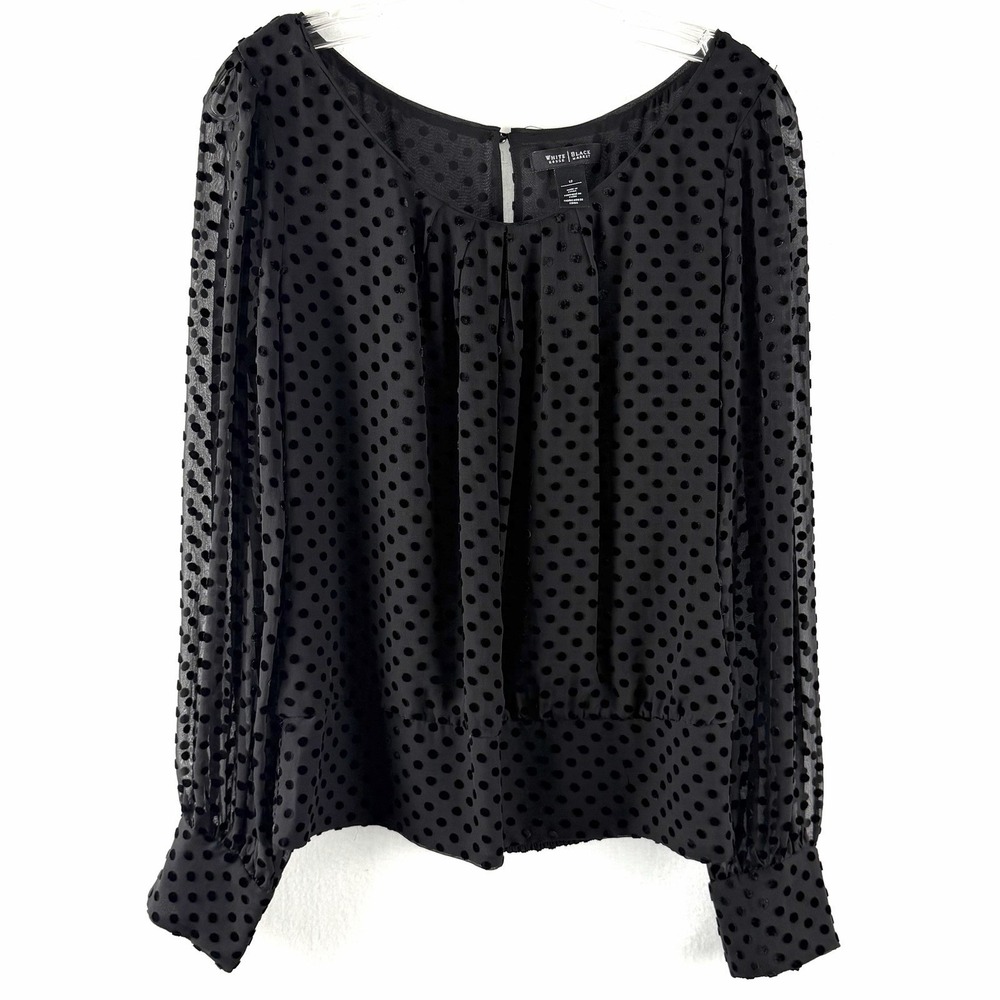 Polka Dot Black Velvet Burnout Blouse Sz 12 Career Office Siren Sheer Twee‎